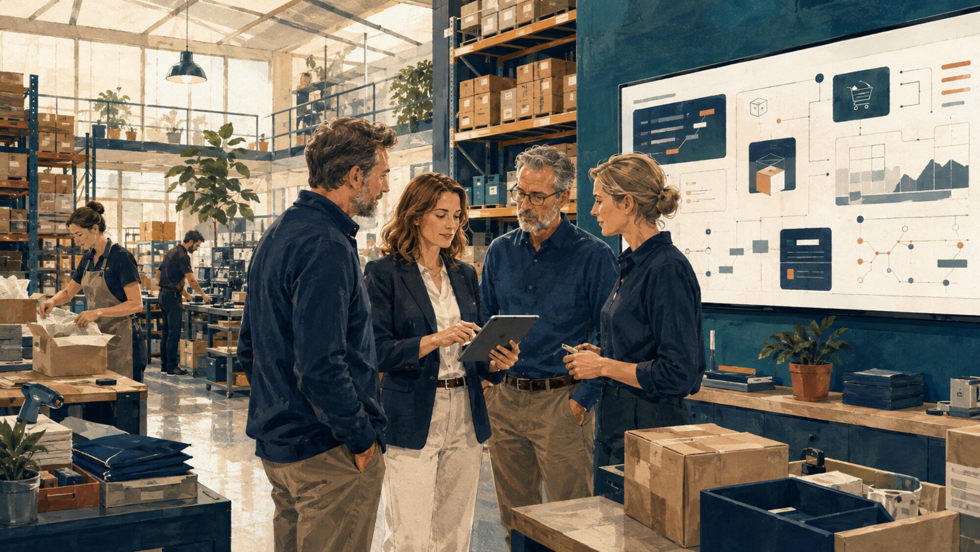 A growing team planning custom site architecture in a warehouse office