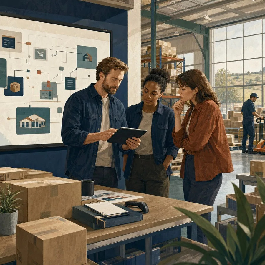A growing team planning custom site architecture in a warehouse office
