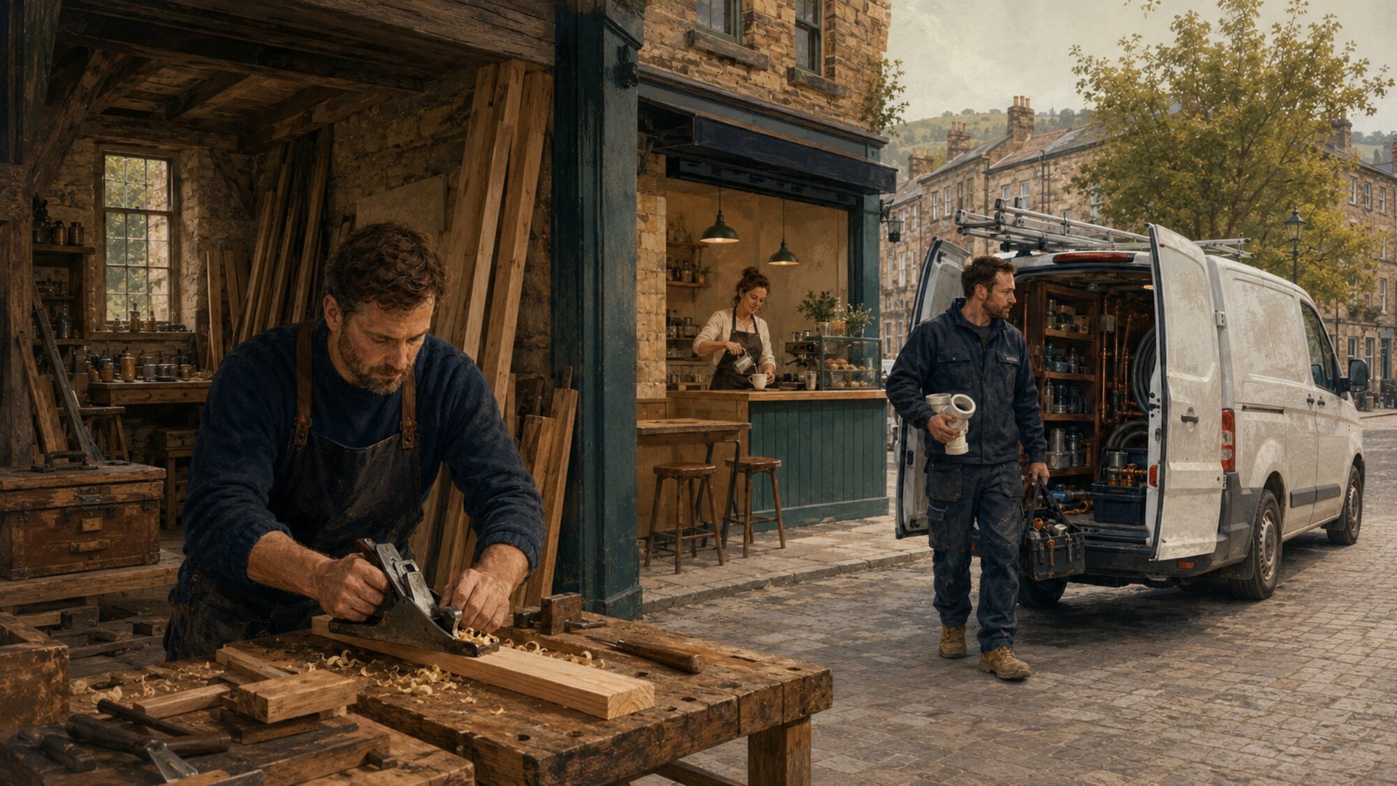 A joiner working at his bench outside a Yorkshire high street cafe
