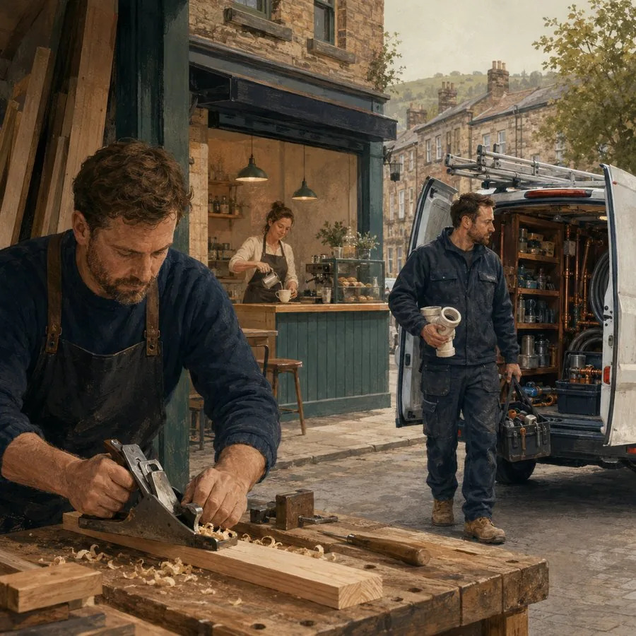 A joiner working at his bench outside a Yorkshire high street cafe
