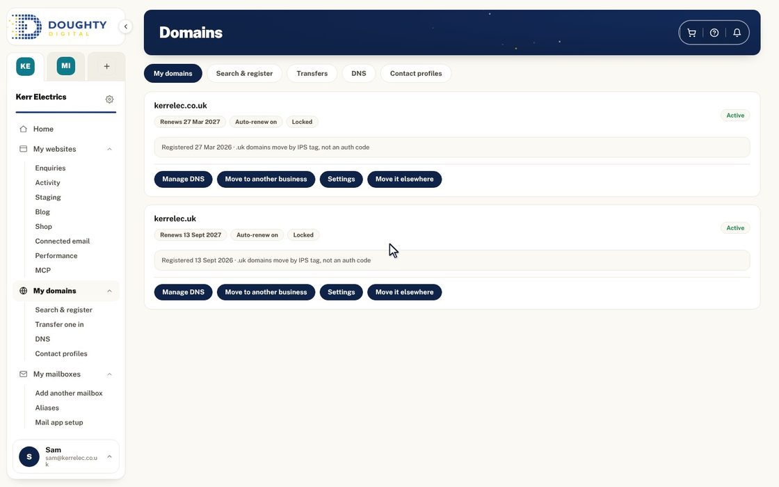 A walkthrough of the My domains area: domain cards, DNS records, a live domain search, transfers and contact profiles.