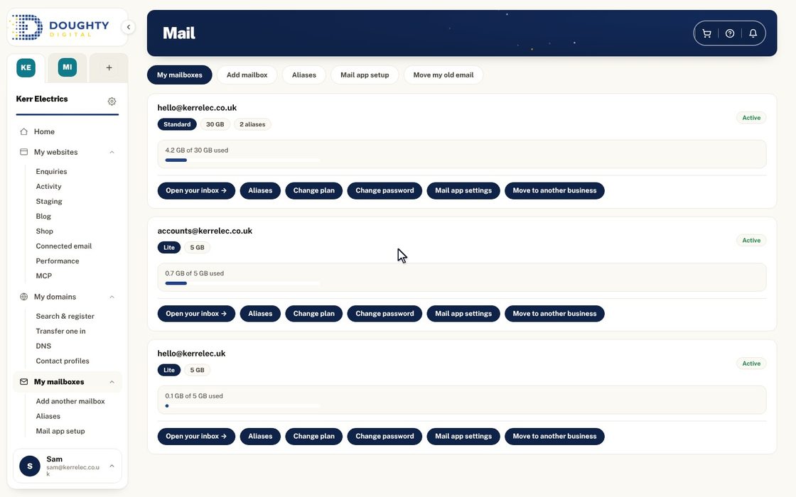 A walkthrough of the Mail area: mailboxes, adding a new address, aliases, mail app setup and moving old email.
