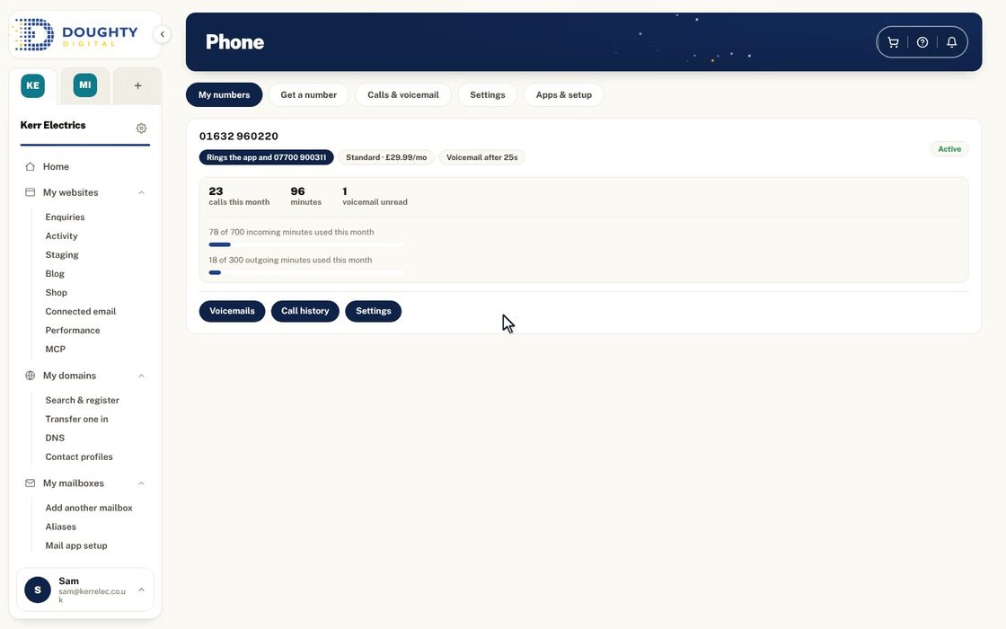A walkthrough of the Phone area: the number card, calls and voicemail, a York number search, call settings and app setup.