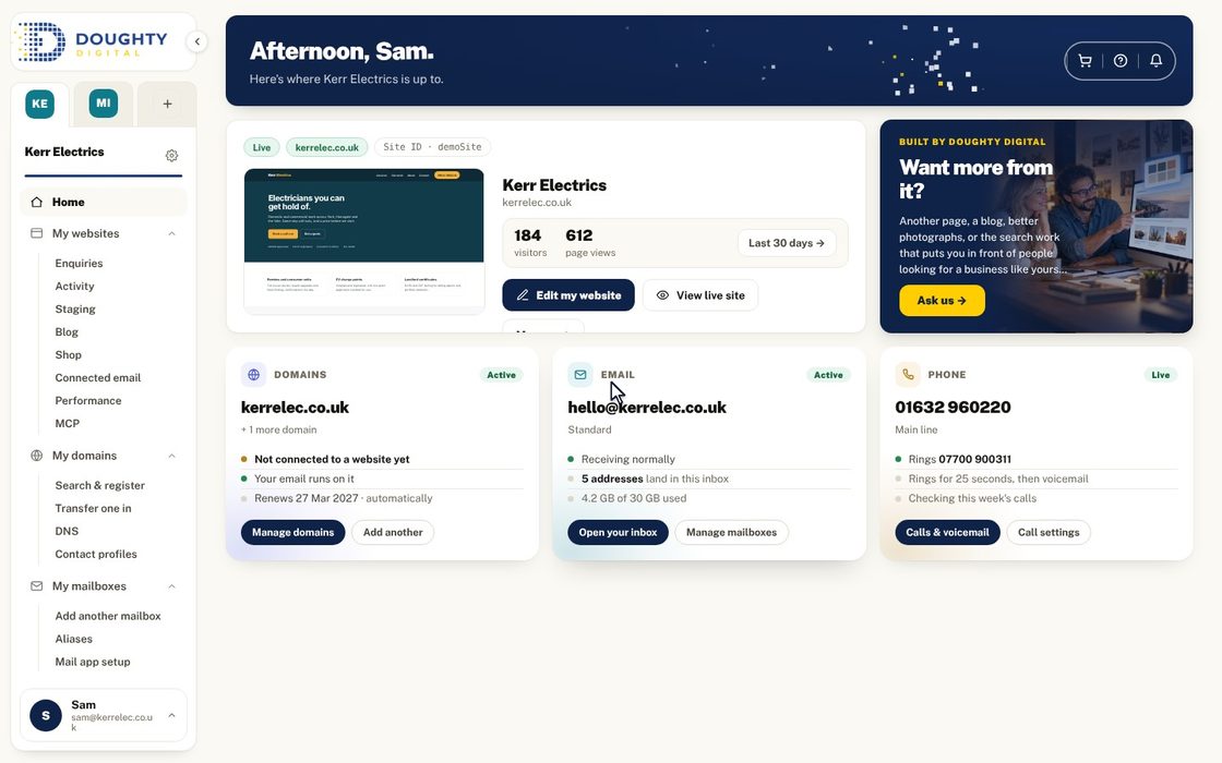 A quick tour of the customer dashboard, then a headline on this site changed in the website editor and checked on a phone.