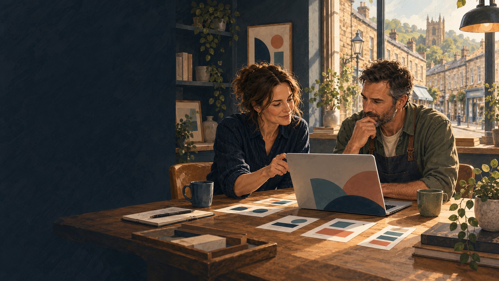 A business owner and Liam reviewing website and brand options together at a laptop