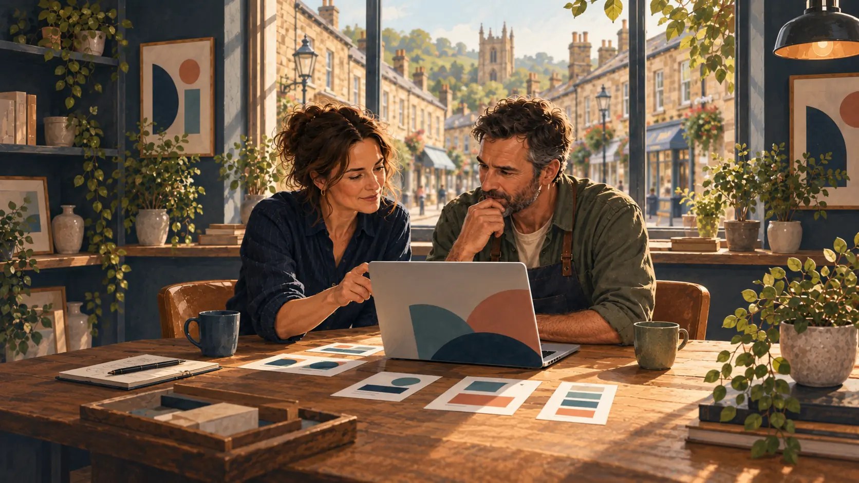 A business owner and Liam reviewing domain and brand name options together at a laptop