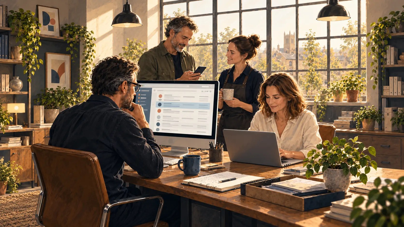 A small team reviewing a shared inbox on screen together