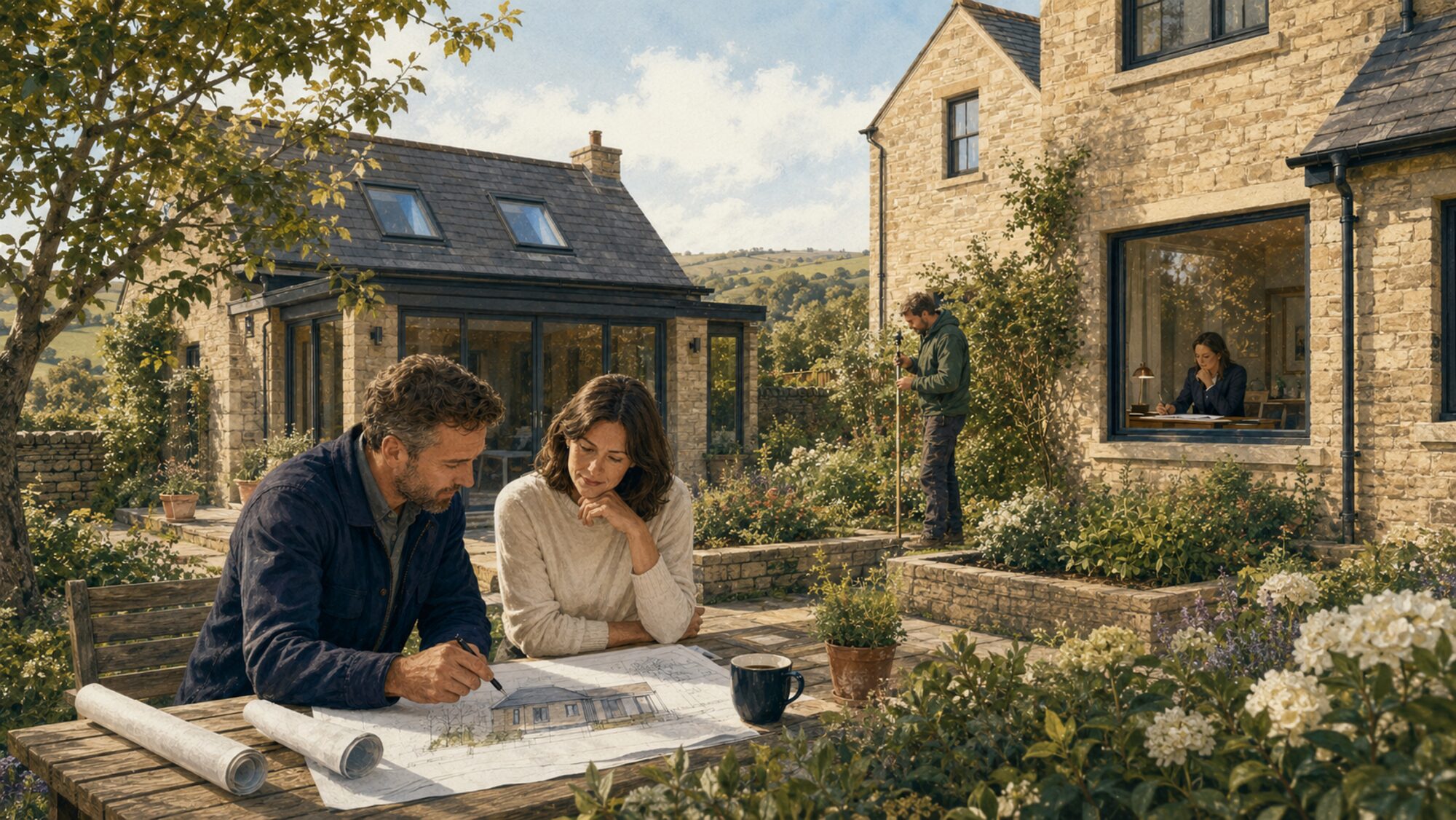 Homeowners reviewing house plans with a surveyor at a Yorkshire cottage