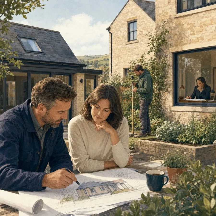Homeowners reviewing house plans with a surveyor at a Yorkshire cottage