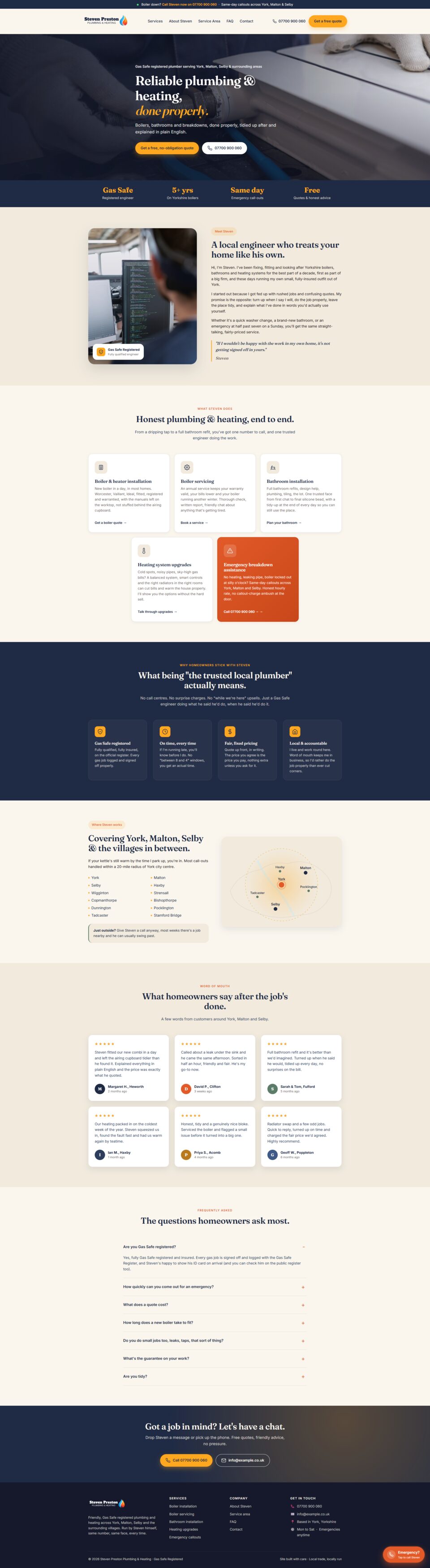 Steven Preston Plumbing & Heating sample site, full page