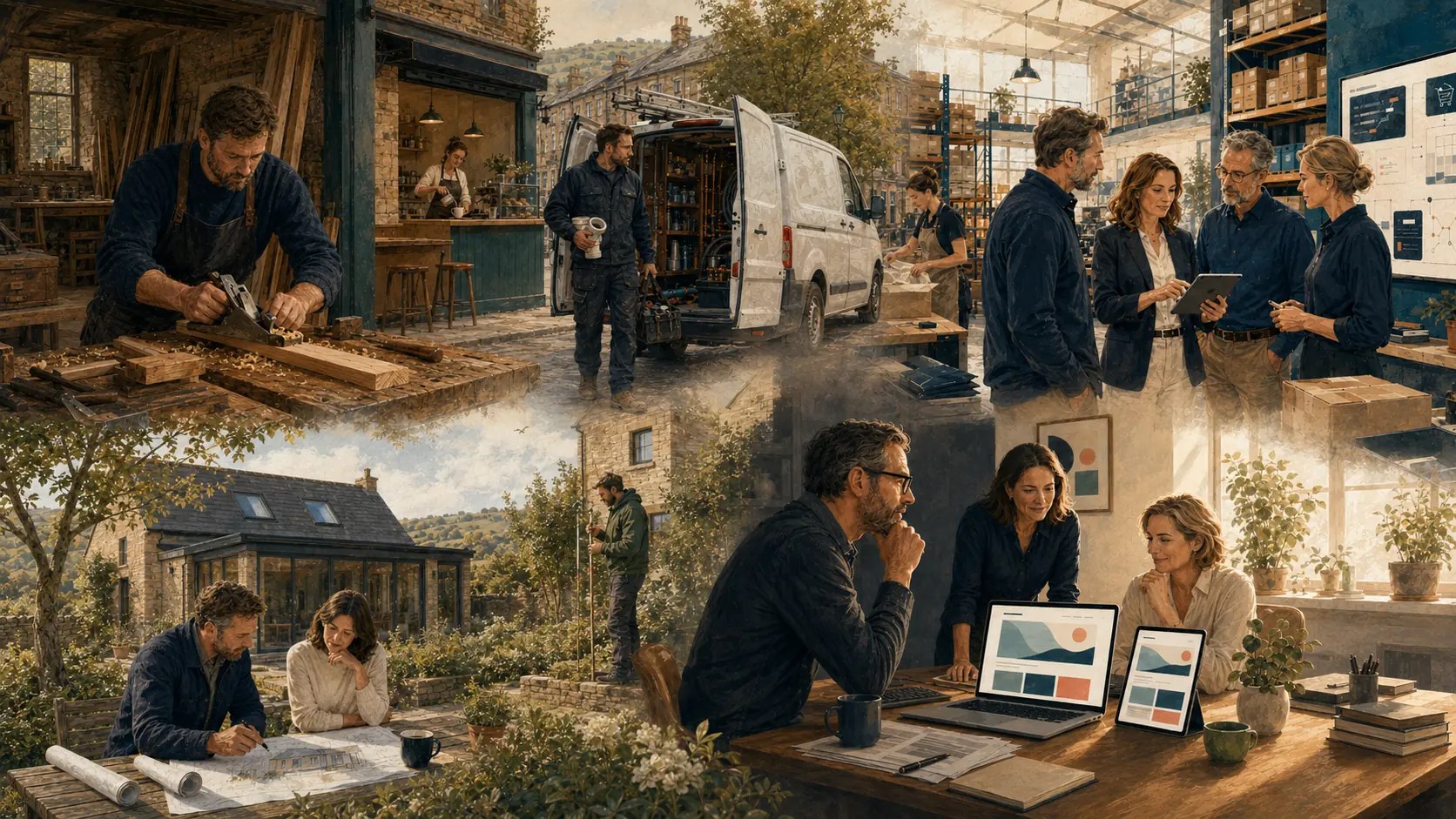 Collage of Doughty Digital client work: a joiner's workshop, a plumber's van, a growing team planning a build, and homeowners reviewing plans