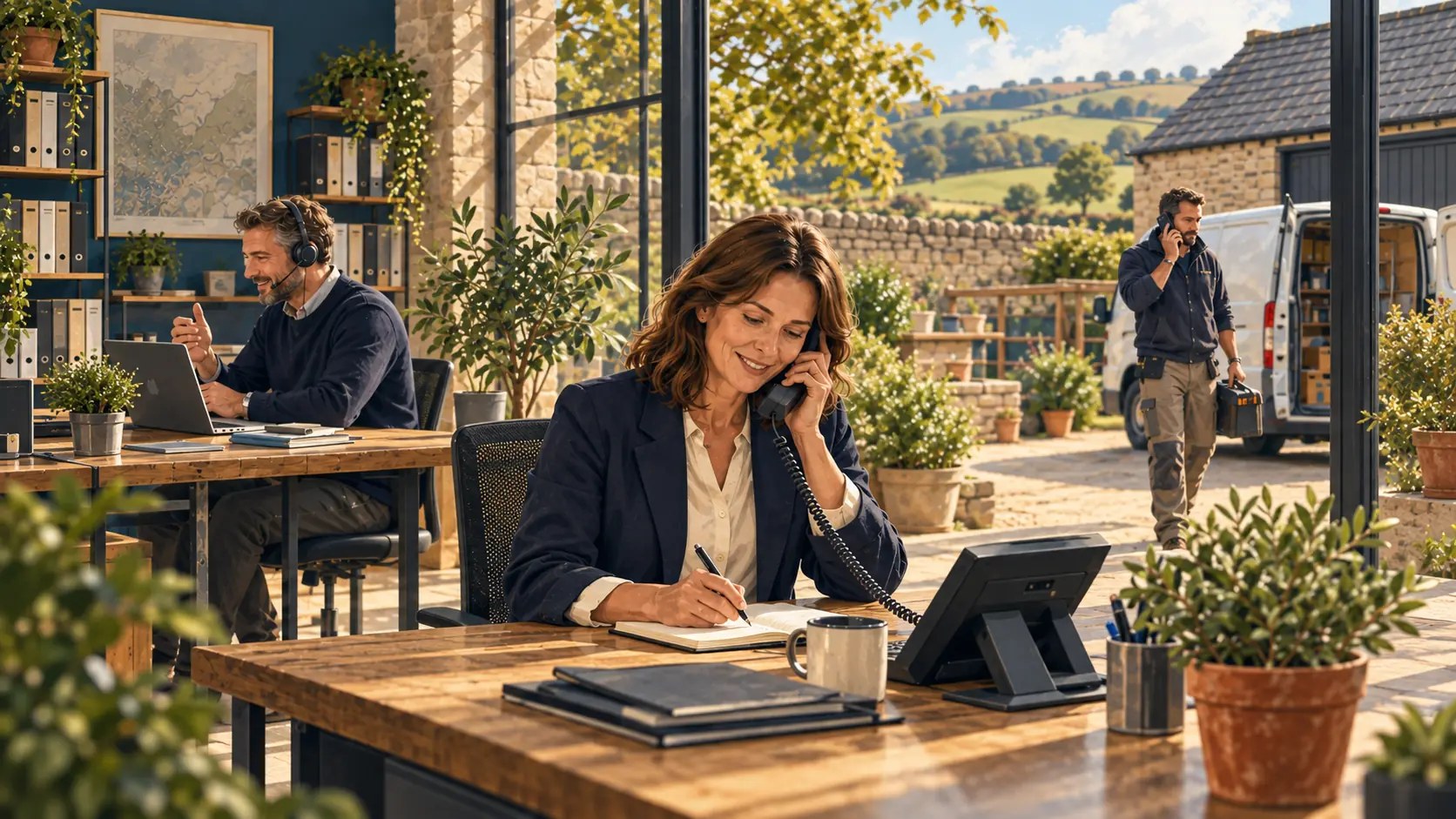 A business owner on a call at her desk, with a tradesperson heading out to a job in the background