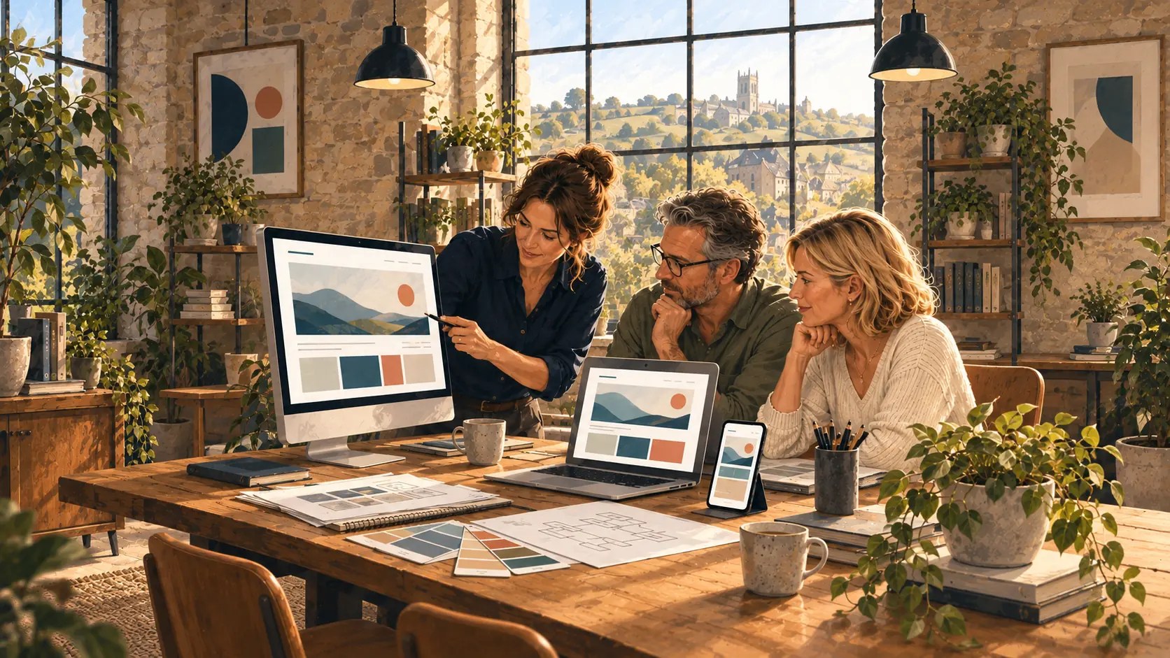A designer and client reviewing homepage layouts together across desktop and laptop screens