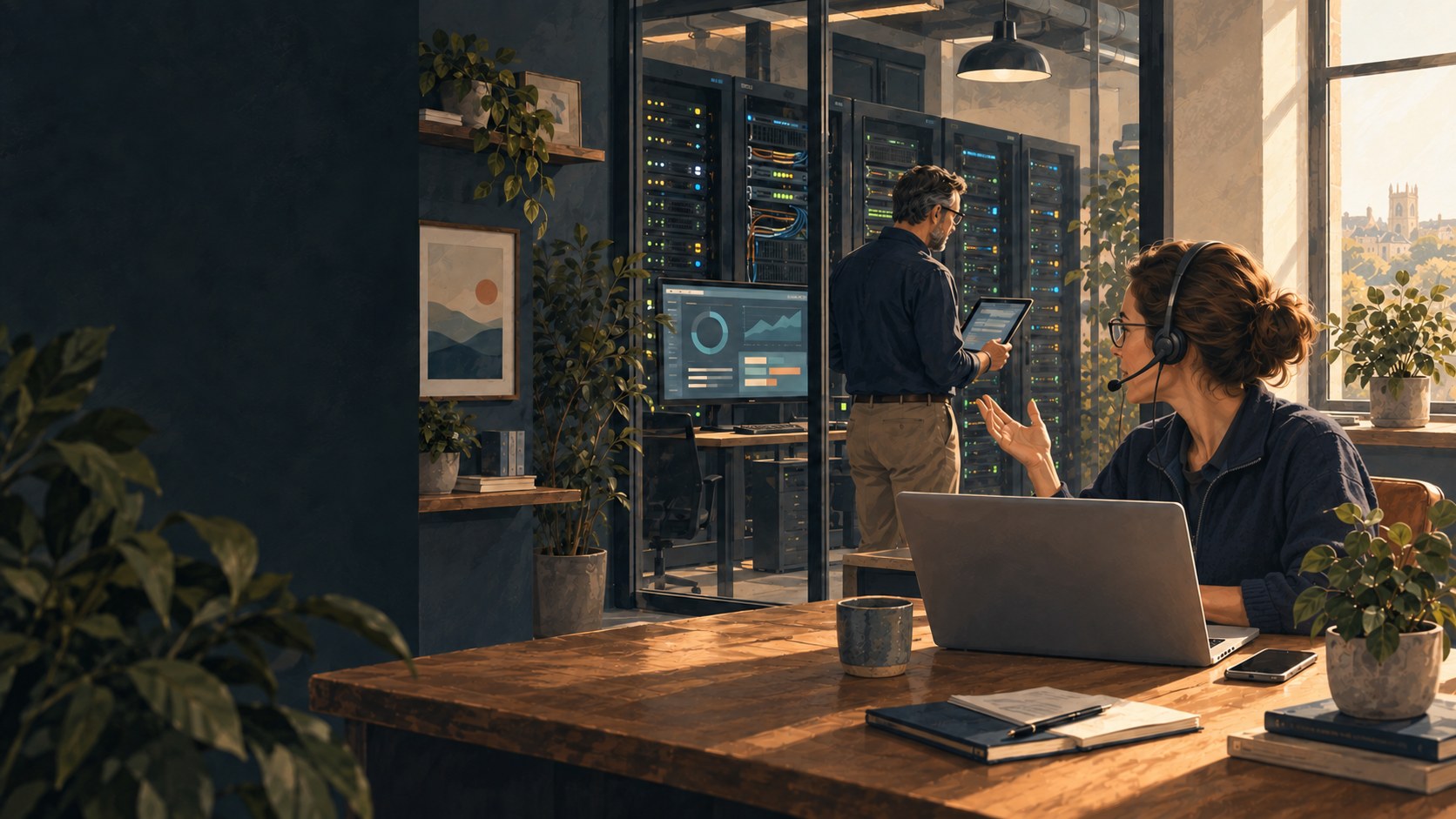 An IT professional monitoring server infrastructure and hosting dashboards in a data centre