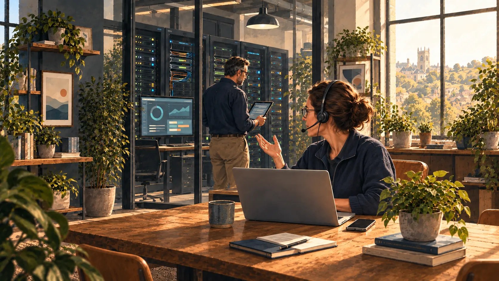 A York office in afternoon light, with server racks behind glass and a colleague on a headset call