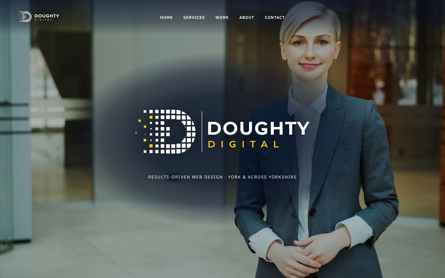 Doughty Digital homepage on a desktop screen, showing the Doughty Digital logo over a photo