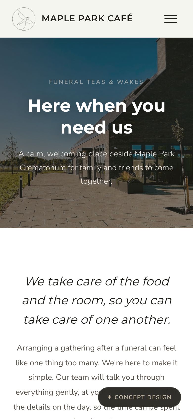 Maple Park Café concept funeral teas page on a phone, headed Here when you need us