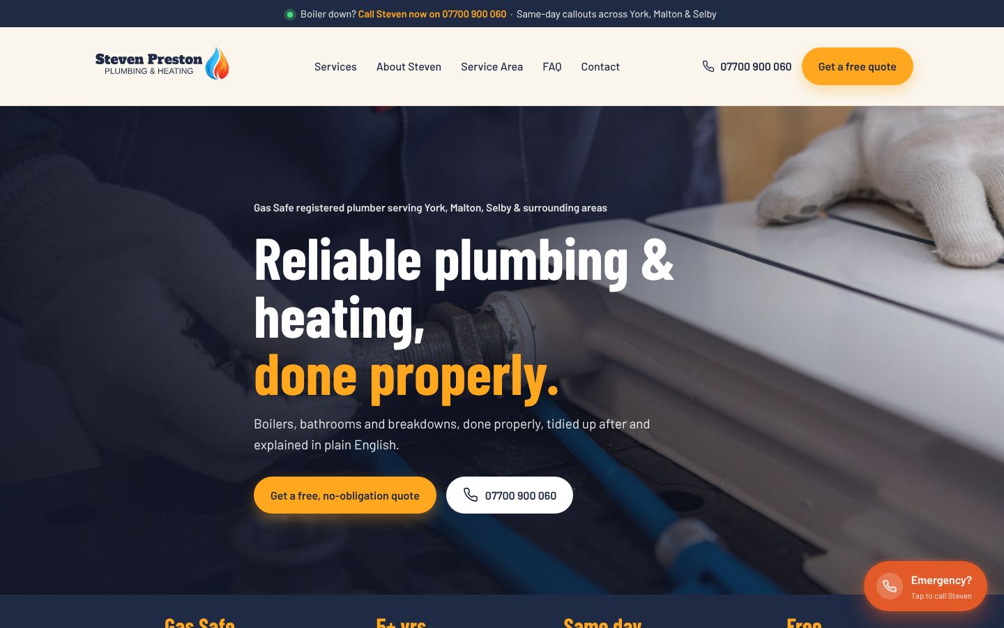 Steven Preston Plumbing concept homepage on a desktop screen, with the headline Reliable plumbing and heating, done properly and a call bar across the top