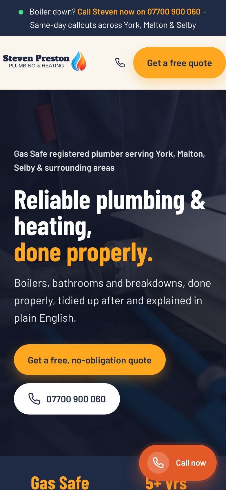 Steven Preston Plumbing concept homepage on a phone, with the quote and call buttons and a floating Call now button